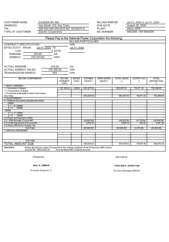Philippines Tawelco business utility bill Word and PDF template PSD template